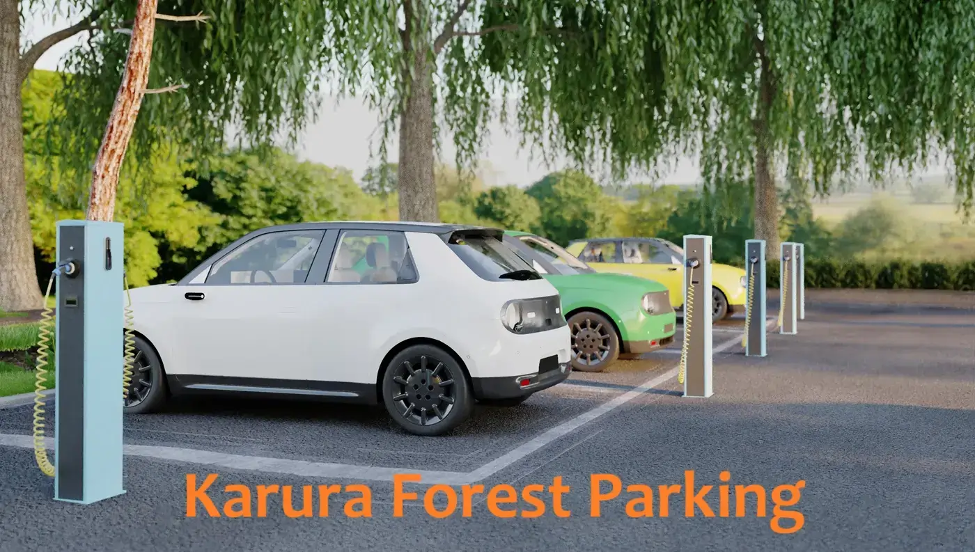 Cars parked at Karura Forest parking lot with parking costs at Karura