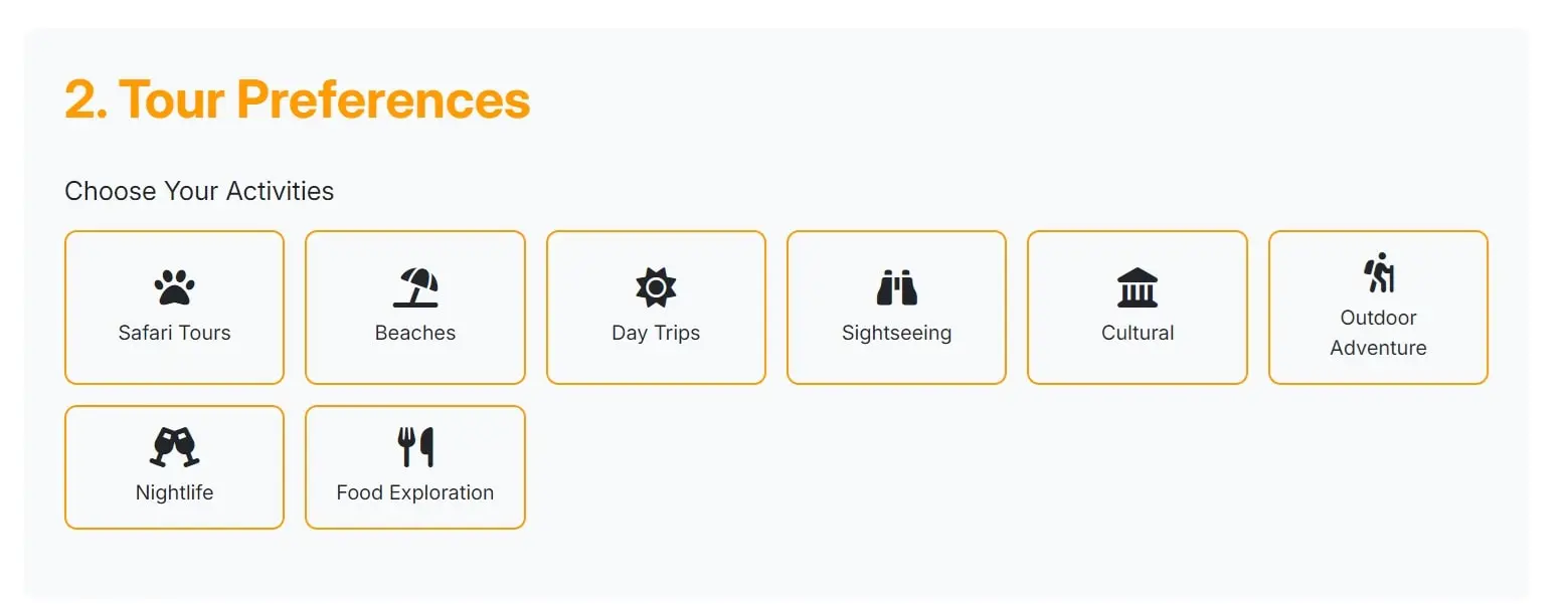 selecting tour preferences on personalizing tours and trips in Kenya